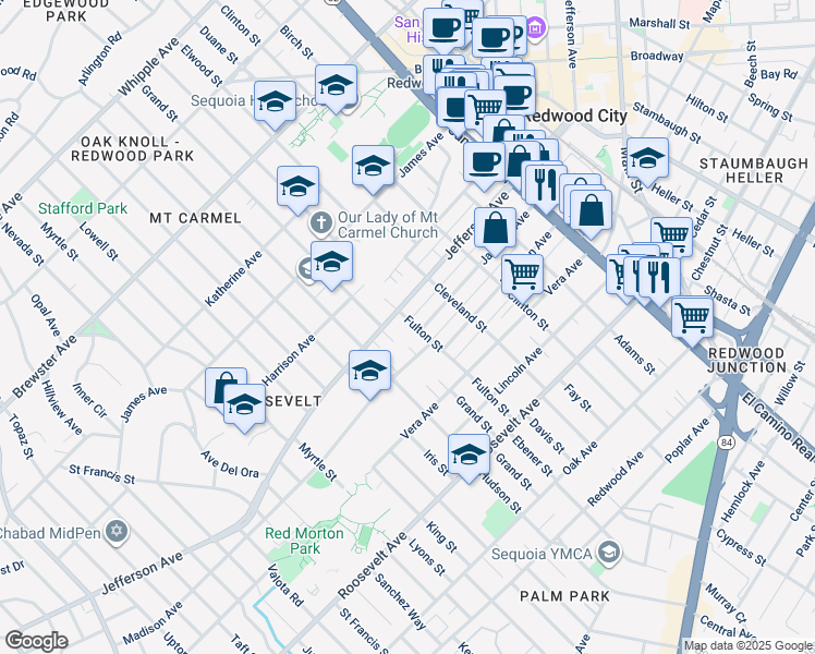 map of restaurants, bars, coffee shops, grocery stores, and more near 712 Madison Avenue in Redwood City