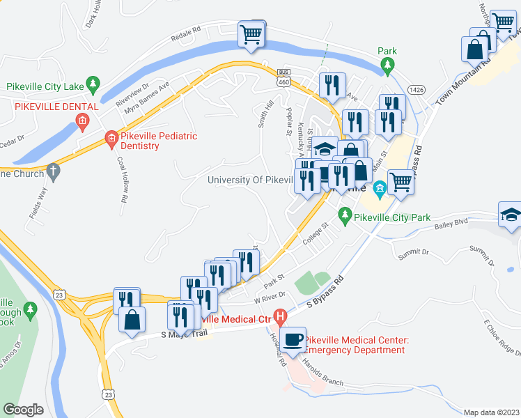 map of restaurants, bars, coffee shops, grocery stores, and more near 201-299 Jefferson Street in Pikeville
