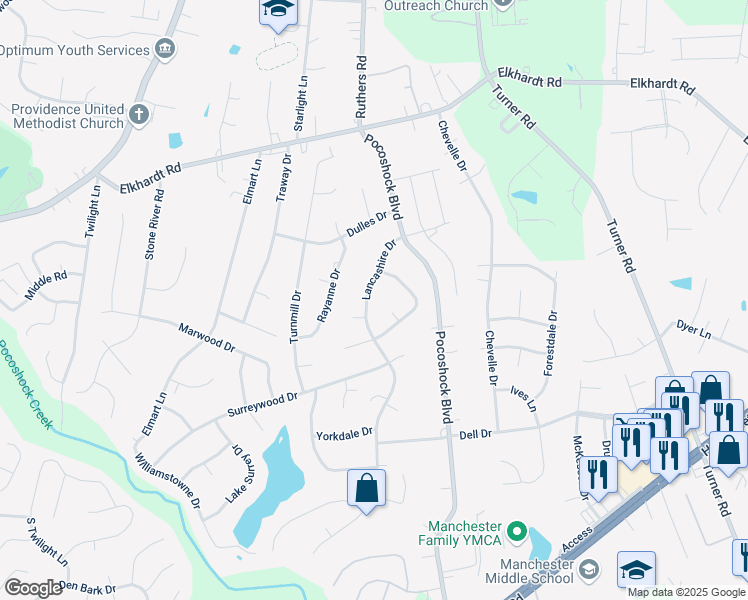 map of restaurants, bars, coffee shops, grocery stores, and more near 1809 Lancashire Drive in Richmond