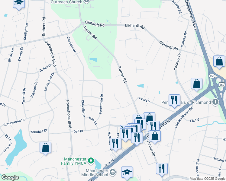 map of restaurants, bars, coffee shops, grocery stores, and more near 2000 Apple Orchard Court in Richmond