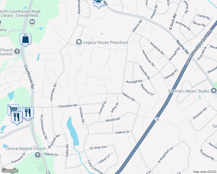 map of restaurants, bars, coffee shops, grocery stores, and more near 919 Francill Drive in Richmond