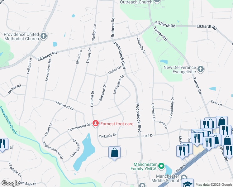 map of restaurants, bars, coffee shops, grocery stores, and more near 1809 Lancashire Drive in Richmond