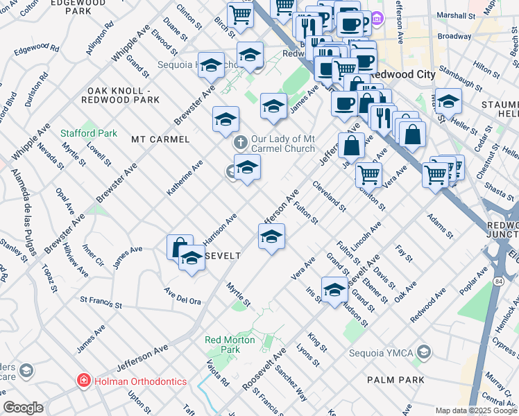 map of restaurants, bars, coffee shops, grocery stores, and more near 531 Hudson Street in Redwood City
