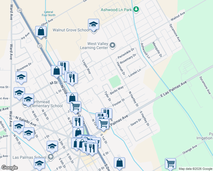 map of restaurants, bars, coffee shops, grocery stores, and more near 317 Knutson Street in Patterson