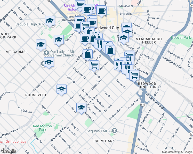 map of restaurants, bars, coffee shops, grocery stores, and more near 910 Clinton Street in Redwood City