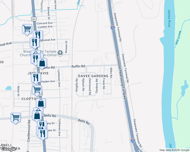 map of restaurants, bars, coffee shops, grocery stores, and more near 3404 Danbury Road in Richmond