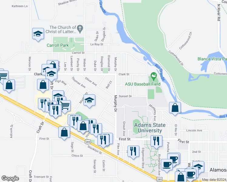 map of restaurants, bars, coffee shops, grocery stores, and more near 517 Murphy Drive in Alamosa