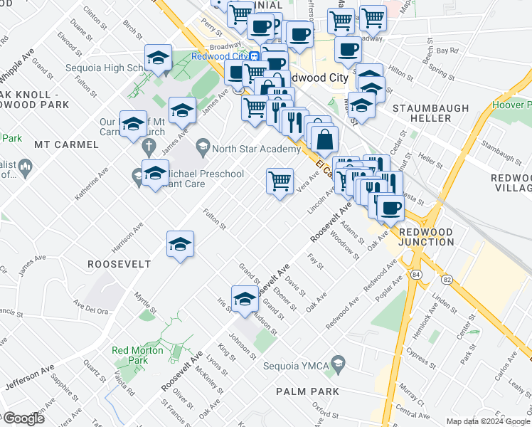 map of restaurants, bars, coffee shops, grocery stores, and more near 233 Madison Avenue in Redwood City