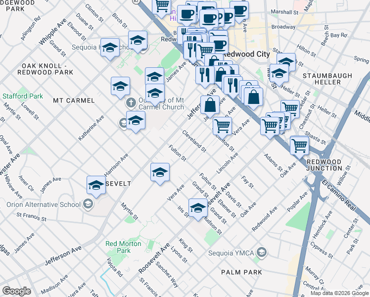 map of restaurants, bars, coffee shops, grocery stores, and more near 508 Jackson Avenue in Redwood City
