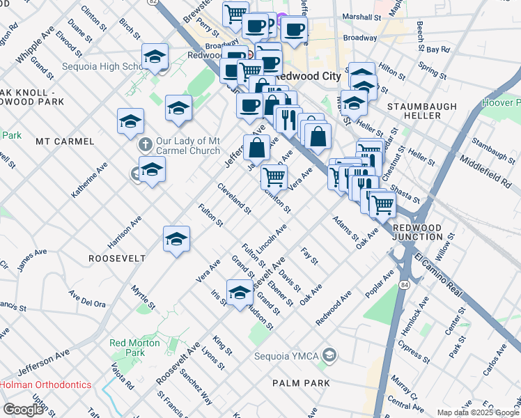 map of restaurants, bars, coffee shops, grocery stores, and more near 233 Madison Avenue in Redwood City