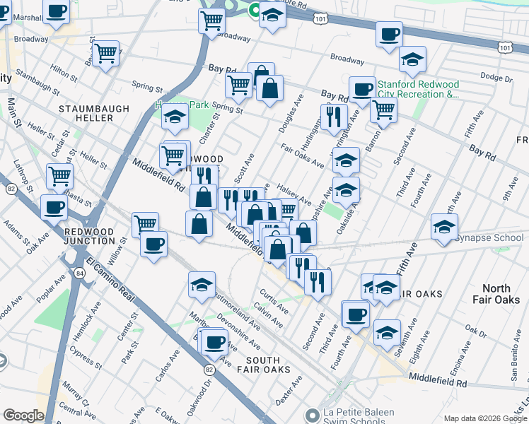 map of restaurants, bars, coffee shops, grocery stores, and more near 541 Macarthur Avenue in Redwood City