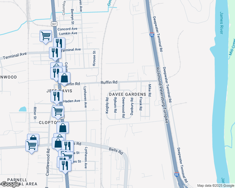 map of restaurants, bars, coffee shops, grocery stores, and more near 3400 Ryburn Road in Richmond