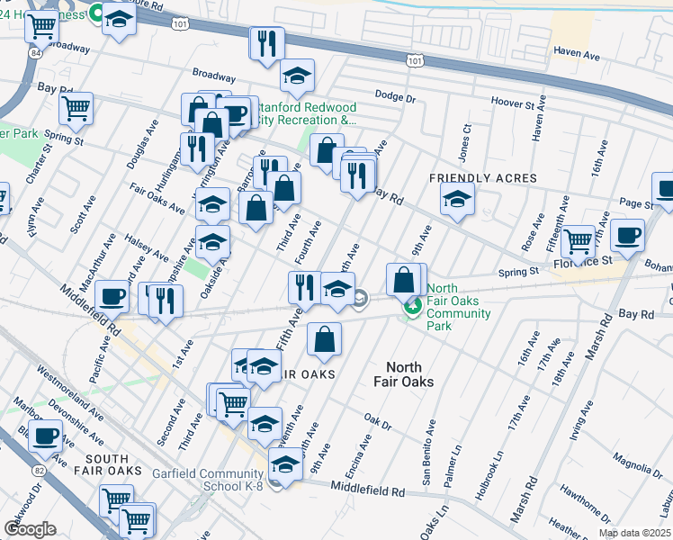 map of restaurants, bars, coffee shops, grocery stores, and more near 721 Sixth Avenue in Redwood City