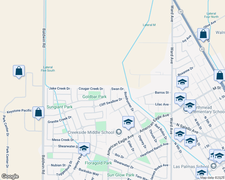 map of restaurants, bars, coffee shops, grocery stores, and more near 730 Skimmer Drive in Patterson