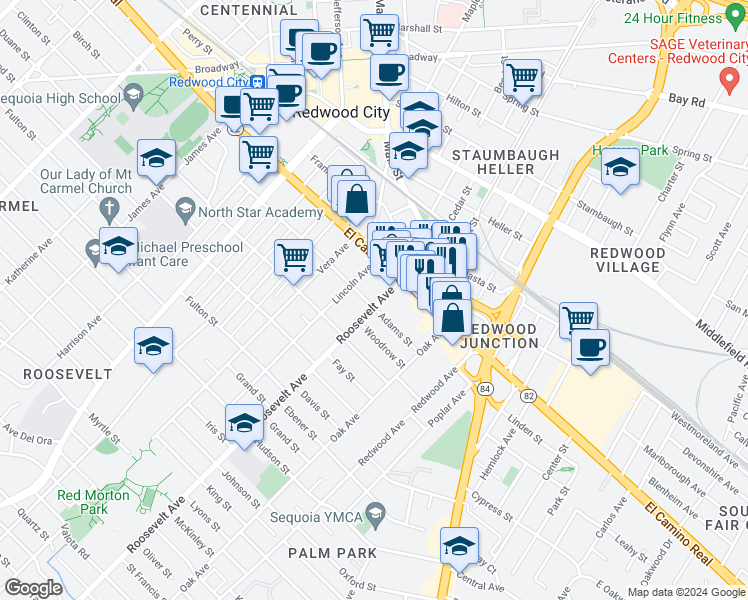 map of restaurants, bars, coffee shops, grocery stores, and more near 1680 El Camino Real in Redwood City
