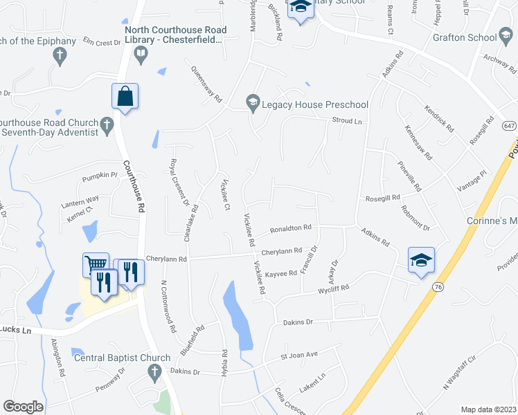 map of restaurants, bars, coffee shops, grocery stores, and more near 10306 Sun Ridge Lane in Chesterfield County
