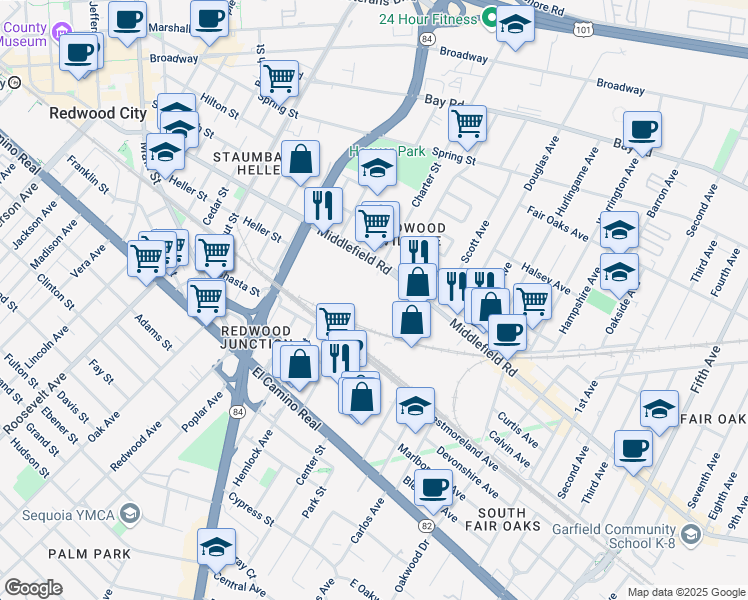 map of restaurants, bars, coffee shops, grocery stores, and more near 2300 Middlefield Road in Redwood City