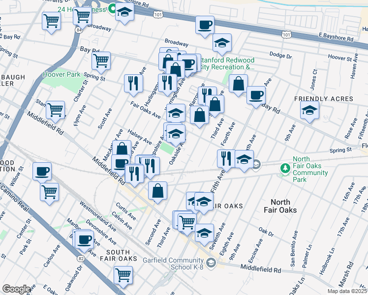 map of restaurants, bars, coffee shops, grocery stores, and more near 672 Oakside Avenue in Redwood City