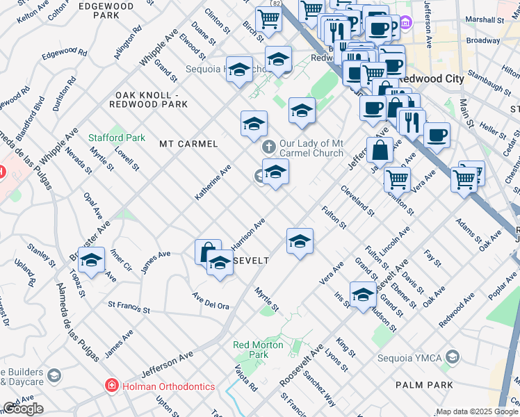 map of restaurants, bars, coffee shops, grocery stores, and more near 455 Hudson Street in Redwood City