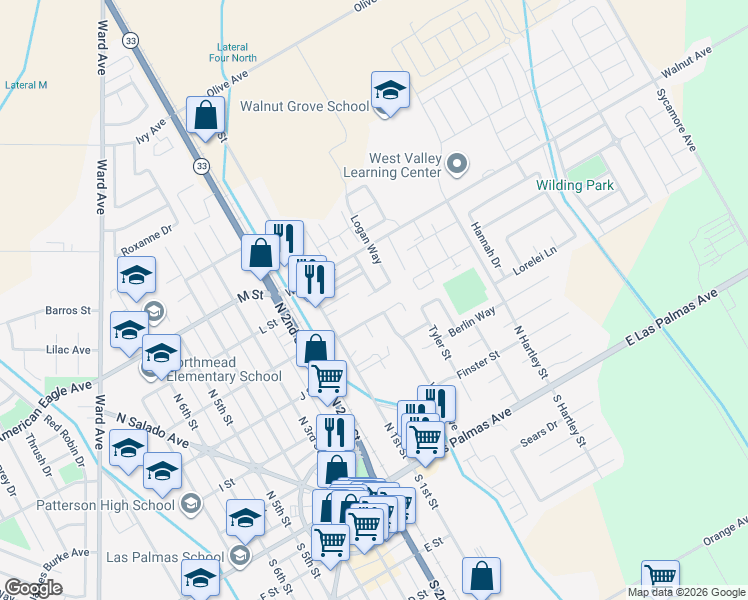 map of restaurants, bars, coffee shops, grocery stores, and more near 509 Bennett Drive in Patterson