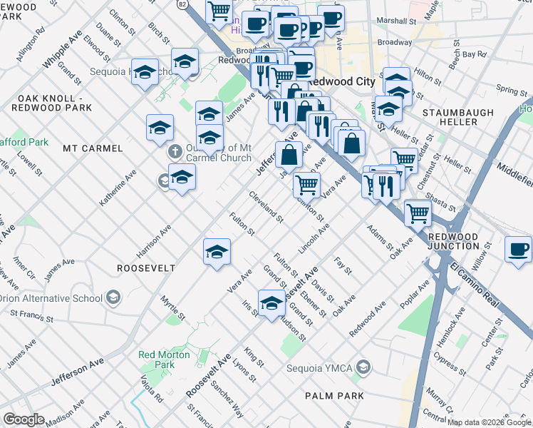 map of restaurants, bars, coffee shops, grocery stores, and more near 442 Madison Avenue in Redwood City