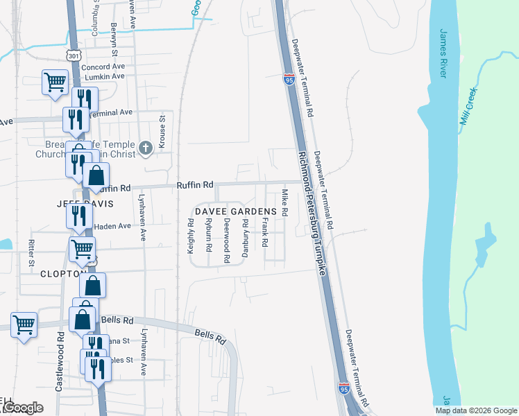 map of restaurants, bars, coffee shops, grocery stores, and more near 3304 Frank Road in Richmond