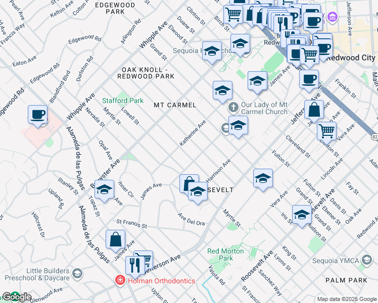map of restaurants, bars, coffee shops, grocery stores, and more near 335 King Street in Redwood City