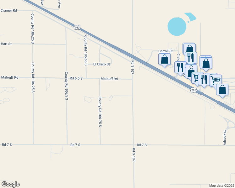 map of restaurants, bars, coffee shops, grocery stores, and more near 6515 County Road 107 South in Alamosa