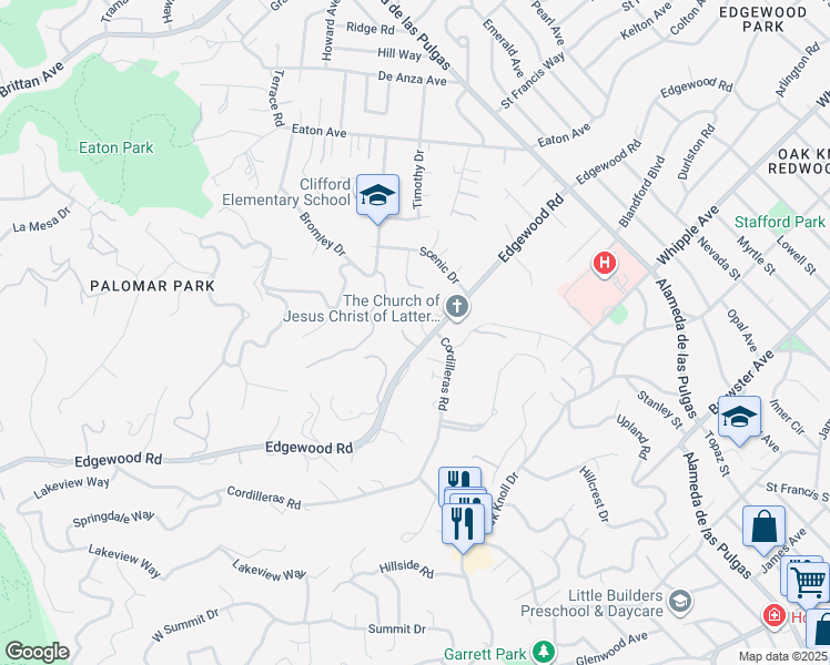 map of restaurants, bars, coffee shops, grocery stores, and more near 1509 Acorn Place in Redwood City
