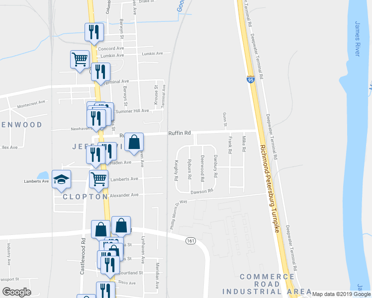 map of restaurants, bars, coffee shops, grocery stores, and more near 3405 Keighly Road in Richmond
