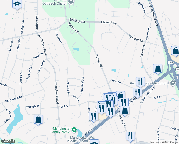 map of restaurants, bars, coffee shops, grocery stores, and more near 2000 Apple Orchard Court in Richmond