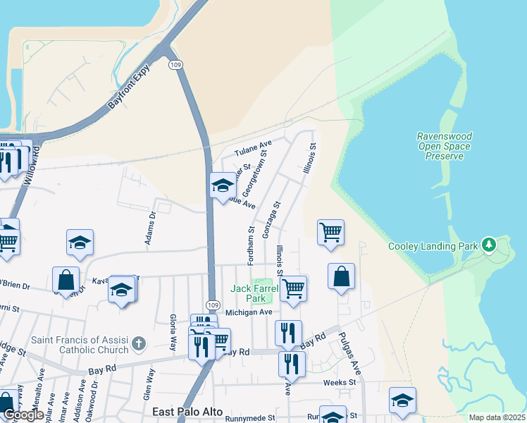 map of restaurants, bars, coffee shops, grocery stores, and more near 2720 Fordham Street in East Palo Alto