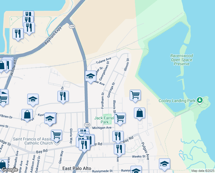 map of restaurants, bars, coffee shops, grocery stores, and more near 2720 Fordham Street in East Palo Alto