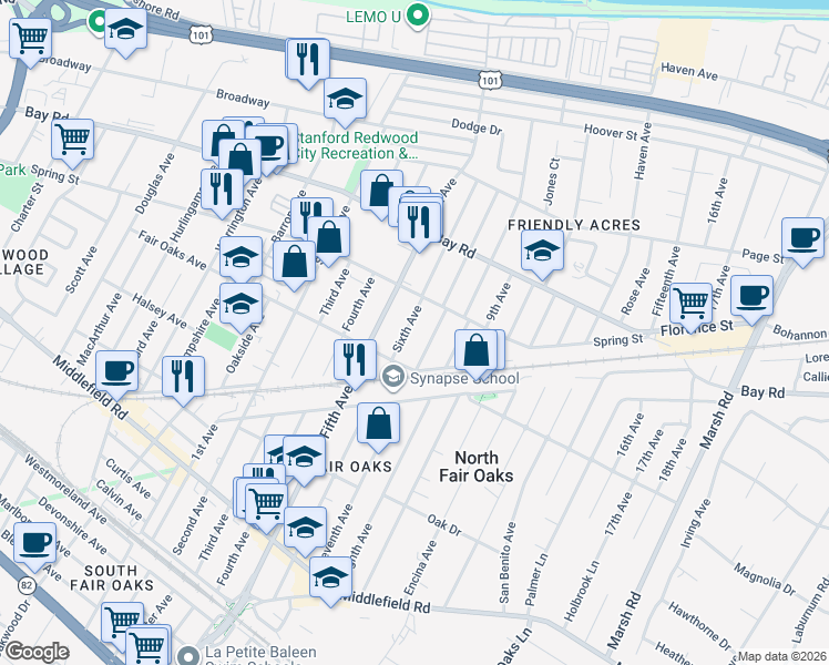 map of restaurants, bars, coffee shops, grocery stores, and more near 746 Sixth Avenue in Redwood City