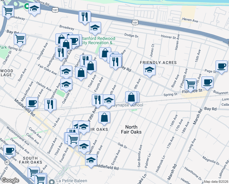 map of restaurants, bars, coffee shops, grocery stores, and more near 746 Sixth Avenue in Redwood City