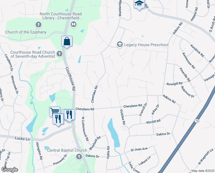 map of restaurants, bars, coffee shops, grocery stores, and more near 810 Vickilee Court in Richmond