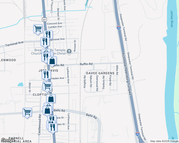 map of restaurants, bars, coffee shops, grocery stores, and more near 3405 Keighly Road in Richmond