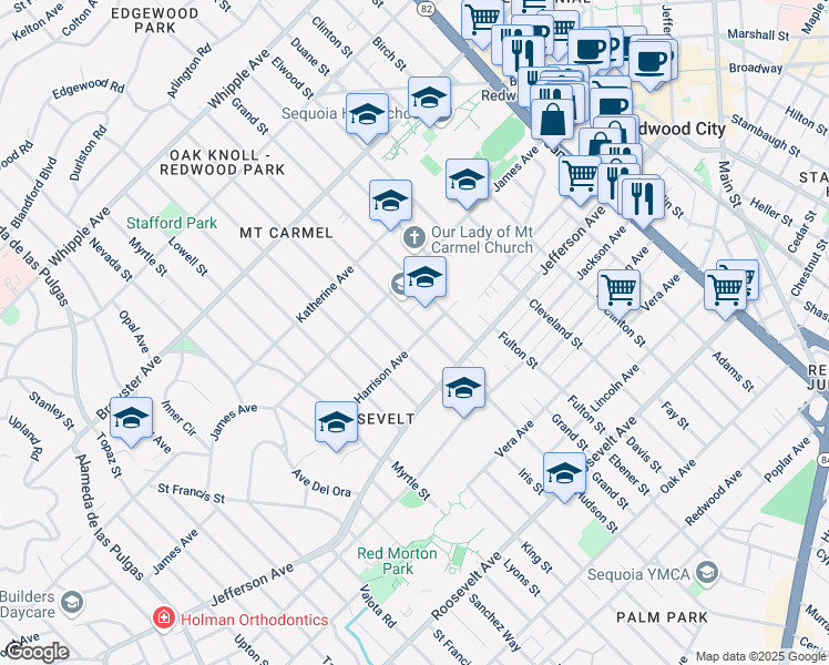 map of restaurants, bars, coffee shops, grocery stores, and more near 455 Hudson Street in Redwood City