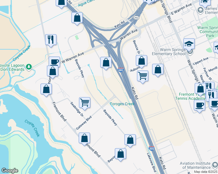 map of restaurants, bars, coffee shops, grocery stores, and more near 47000 Lakeview Boulevard in Fremont