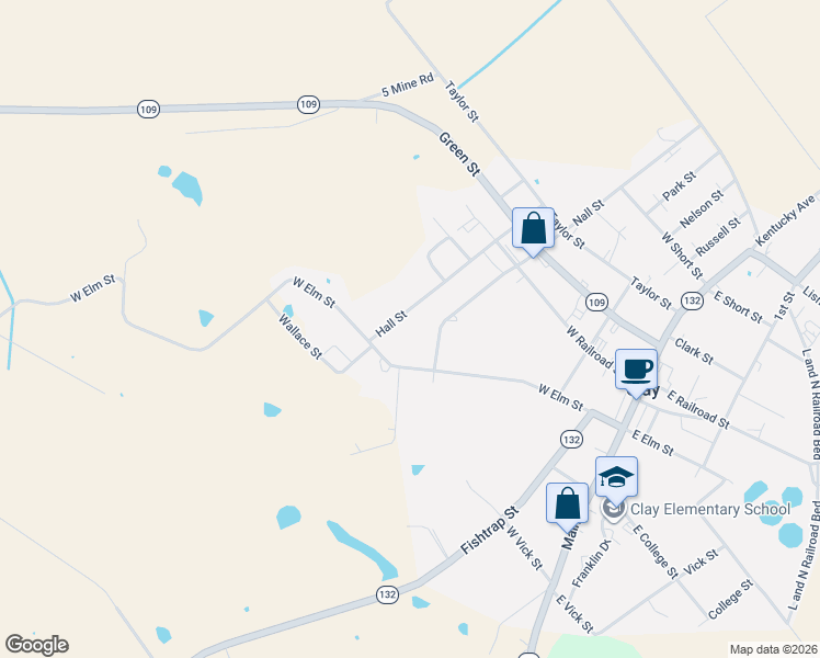 map of restaurants, bars, coffee shops, grocery stores, and more near Hall Street in Clay