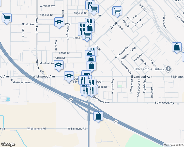 map of restaurants, bars, coffee shops, grocery stores, and more near 1543 Lander Avenue in Turlock