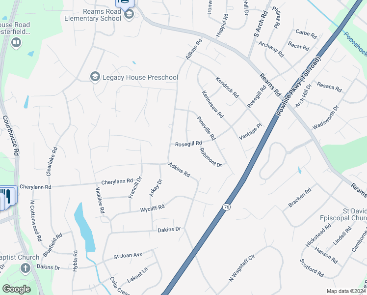 map of restaurants, bars, coffee shops, grocery stores, and more near 901 Rosegill Road in Chesterfield County