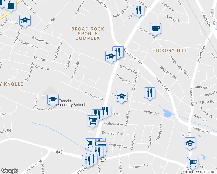 map of restaurants, bars, coffee shops, grocery stores, and more near 2840 Broad Rock Boulevard in Richmond