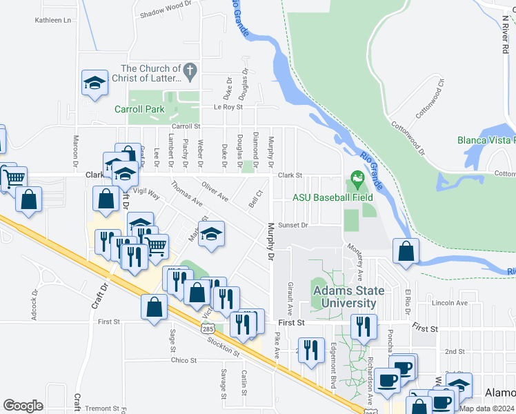 map of restaurants, bars, coffee shops, grocery stores, and more near 517 Murphy Drive in Alamosa
