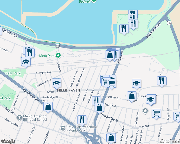 map of restaurants, bars, coffee shops, grocery stores, and more near 754 Hamilton Avenue in Menlo Park