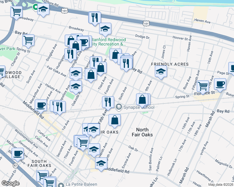 map of restaurants, bars, coffee shops, grocery stores, and more near 747 Fifth Avenue in Redwood City