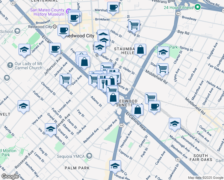 map of restaurants, bars, coffee shops, grocery stores, and more near 1531 Main Street in Redwood City