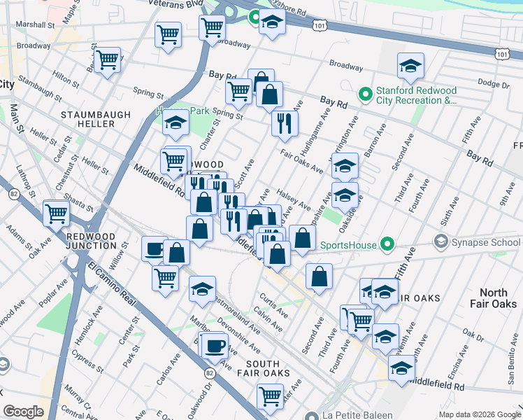 map of restaurants, bars, coffee shops, grocery stores, and more near 541 Macarthur Avenue in Redwood City