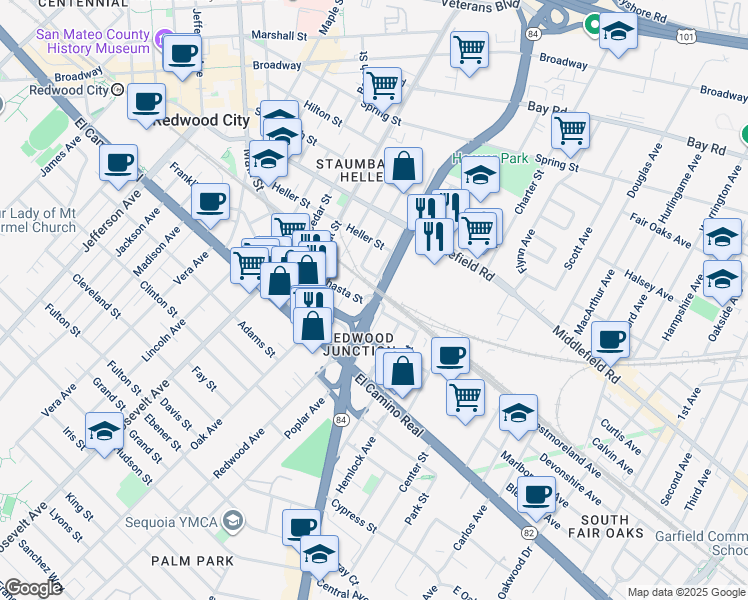 map of restaurants, bars, coffee shops, grocery stores, and more near 2 Woodside Road in Redwood City