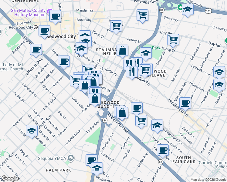 map of restaurants, bars, coffee shops, grocery stores, and more near 2 Woodside Road in Redwood City